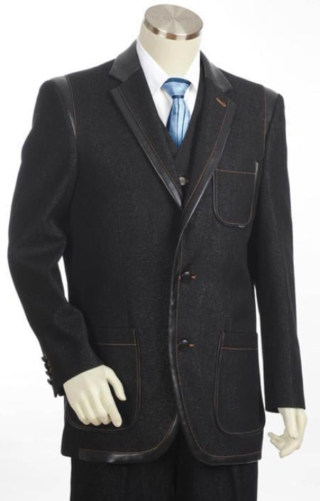 Men's 3 Button 2PC Fashion Denim Cotton Fabric Trimmed Two Tone Cheap Priced Unique Dress Blazer Jacket For Men Sale/Cheap Business Suits Clearance Sale /Tuxedo Black