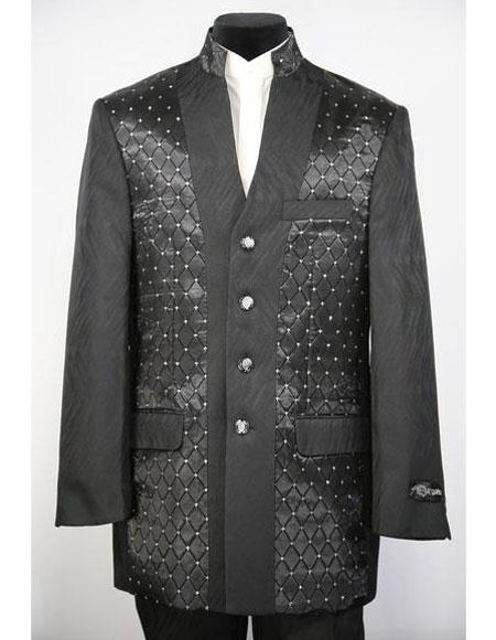 Men's Mandarin Collar 4 Button 2piece Diamond Pattern Black Zoot Suit