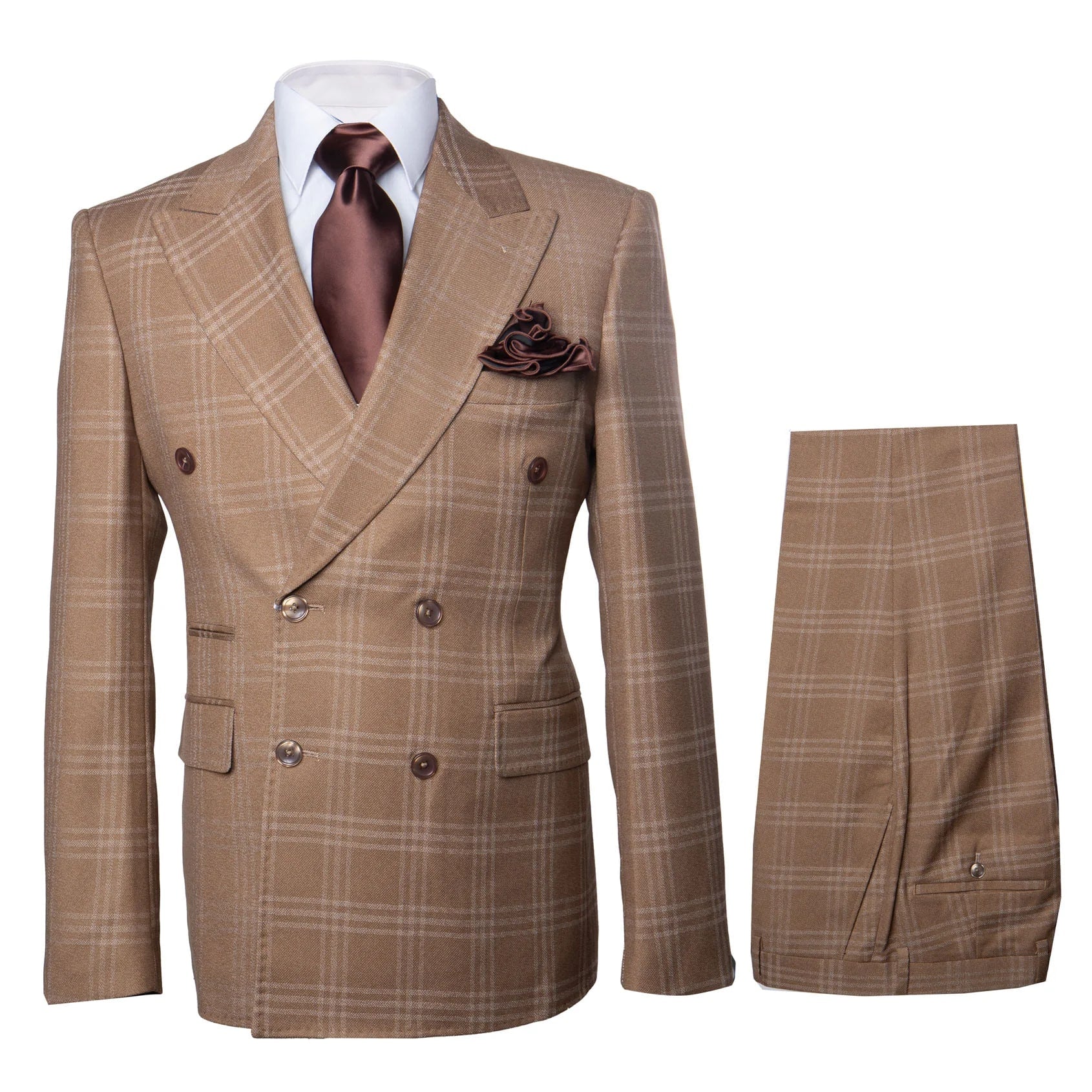 Men's Tan Plaid Double-Breasted Suit – Classic Windowpane Two-Piece Formal Suit - Camel Color Suit By Rossiman