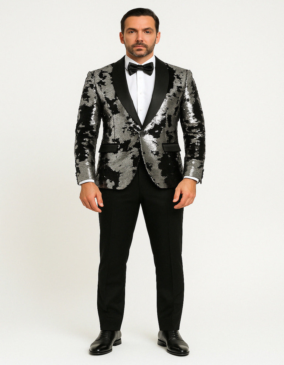 Men's Black and Silver Gray Sequin Tuxedo Blazer With Black Pants