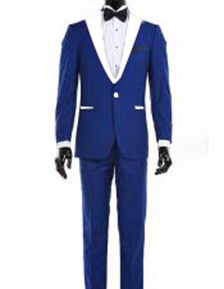 Men's 1 Button Royal Blue and White Lapel Tuxedo Dress Suits for Men