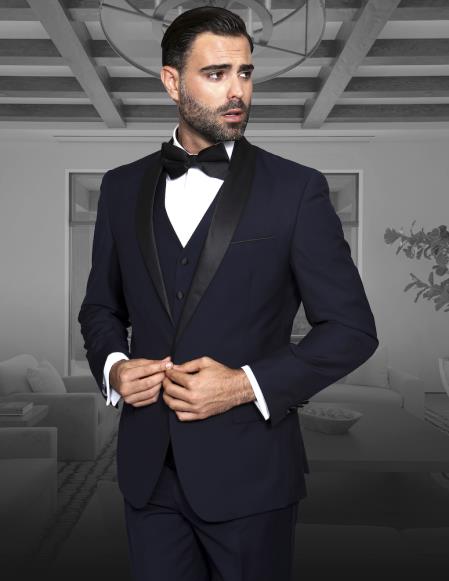 Men's Shawl Collar Single Button Vested Black Lapel Two toned blue Tuxedo