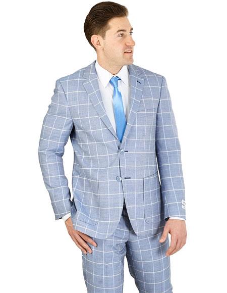 Men's Wedding - Prom Event Bruno Blue Modern Fit Suits 2 Button Square Pattern Suit