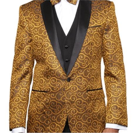 Paisley-200VP Gold Two Toned Paisley Blazer or Tuxedo Suit Vest + Pants Vested + Black Lapel Blazer Looking