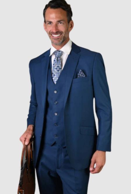 Mens 2 Button Notch Lapel 3 PC Suit With Vest French Blue
