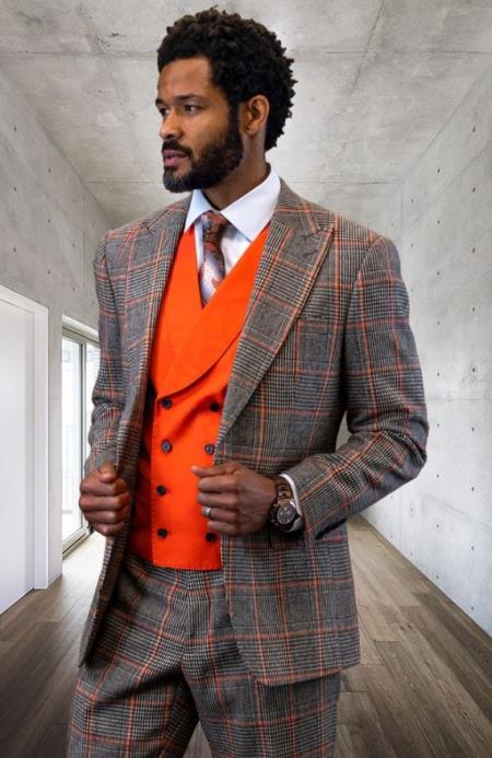 SKU#JA60603 Statement Mens 3 Piece Suit - Glen Plaid Checkered Coral