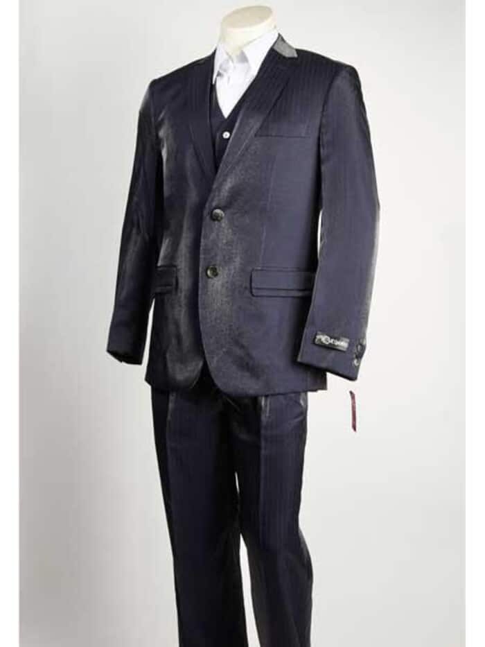Notch Collared Two buttons Vested Shiny Closure Dark color Black Wedding / Prom Pinstripe 3 ~ Three Piece Suit