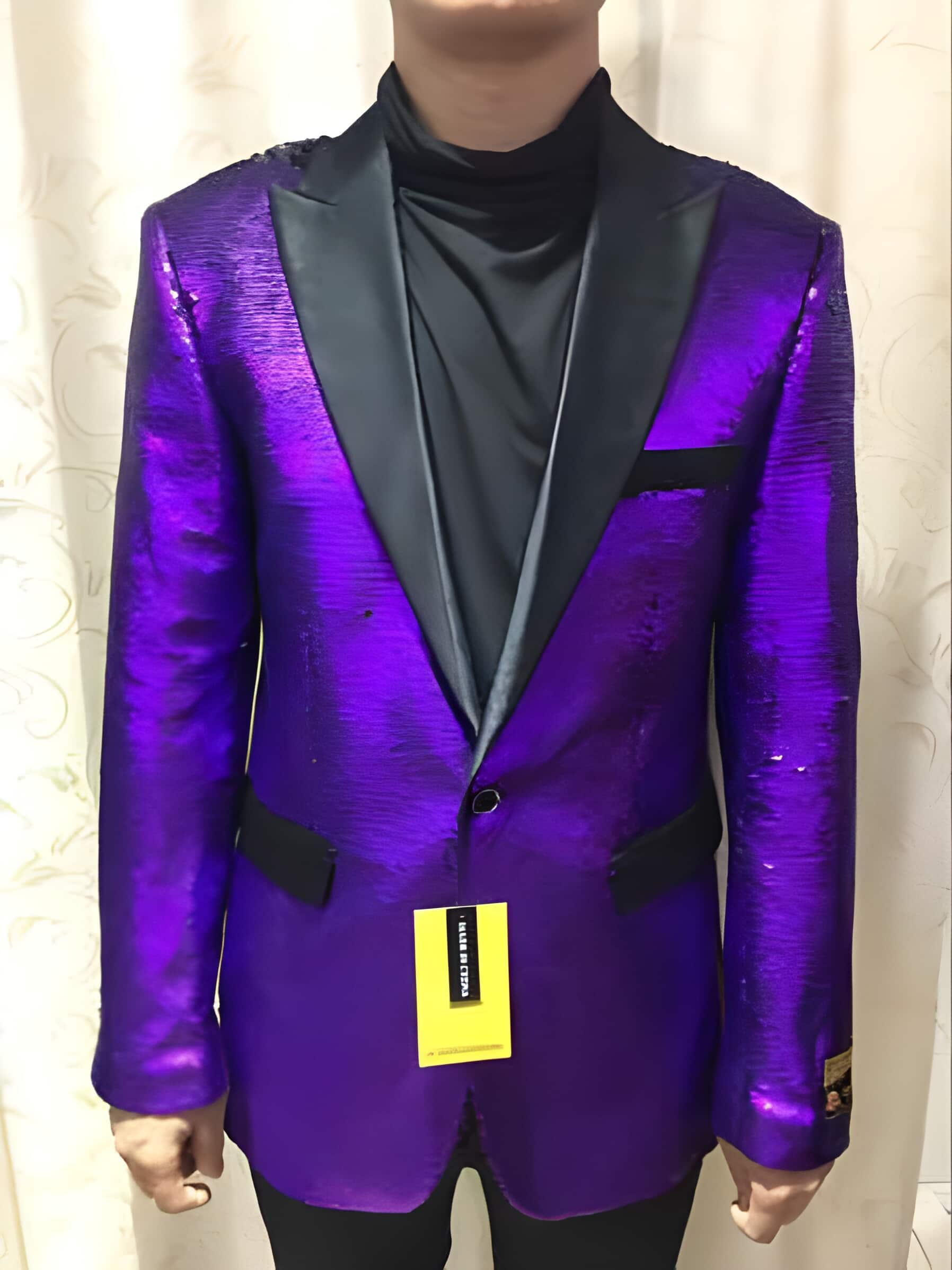Paisley Patterned Tuxedo Twon Toned Sequin Glitter Black and Purple Two toned Fancy Party Blazer For Men