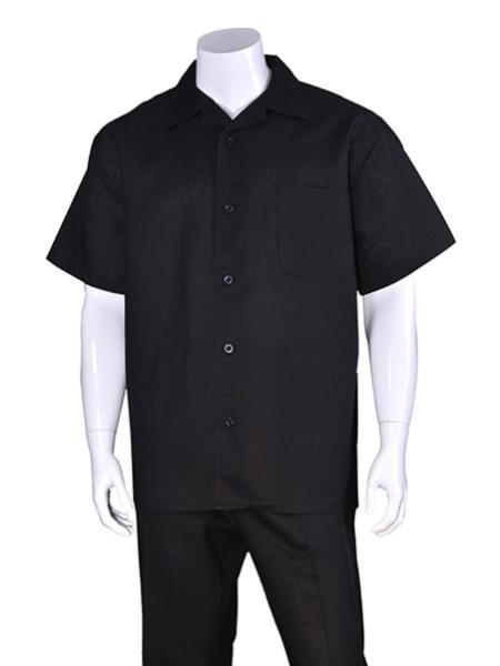 Men's Plain Black Short Sleeve Linen Casual Casual Two Piece Mens Walking Outfit For Sale Pant Sets Suit With Pant - Mens Linen Suit