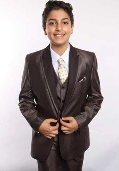 Boy's Brown Poly Rayon Satin Peak Leapel 5 Piece Vested Suit With Shirt, Tie & Hanky