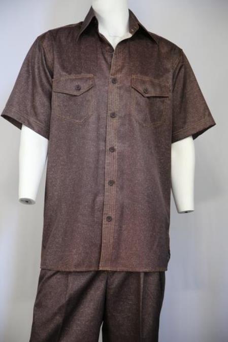 Men's Sharkskin Short Sleeve Dual Pockets Casual Two Piece Walking Outfit For Sale Pant Sets Suit Copper