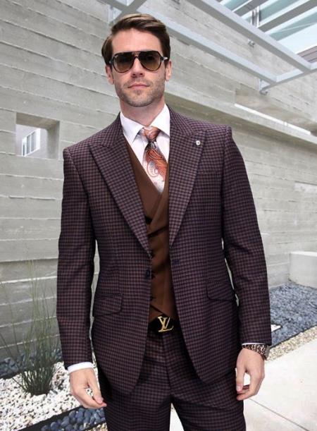 Brown Plaid Suit - Copper - Orange - Rust Color Double Breasted Vest Windowpane Pattern Suit - Wool