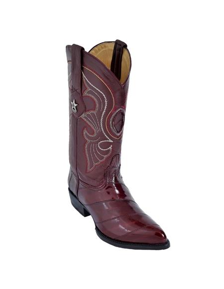 Men's Burgundy ~ Wine ~ Maroon Color King Eel Skin J-Toe Los Altos Boots Dress Cowboy Boot Cheap Priced For Sale Online ~ botines para hombre With Saddle Vamp- Botas De Anguila