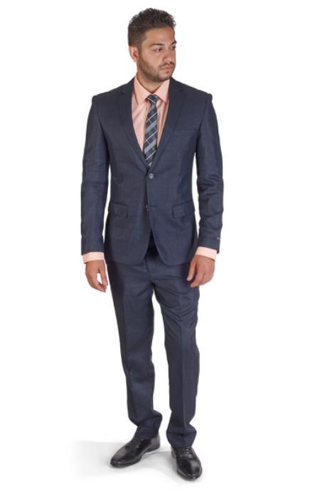 Men Dark Navy Plaid 2 Button Suit Slim Fit Flat Front Pants - Dress Suit For Men - Dark Blue Suit Color