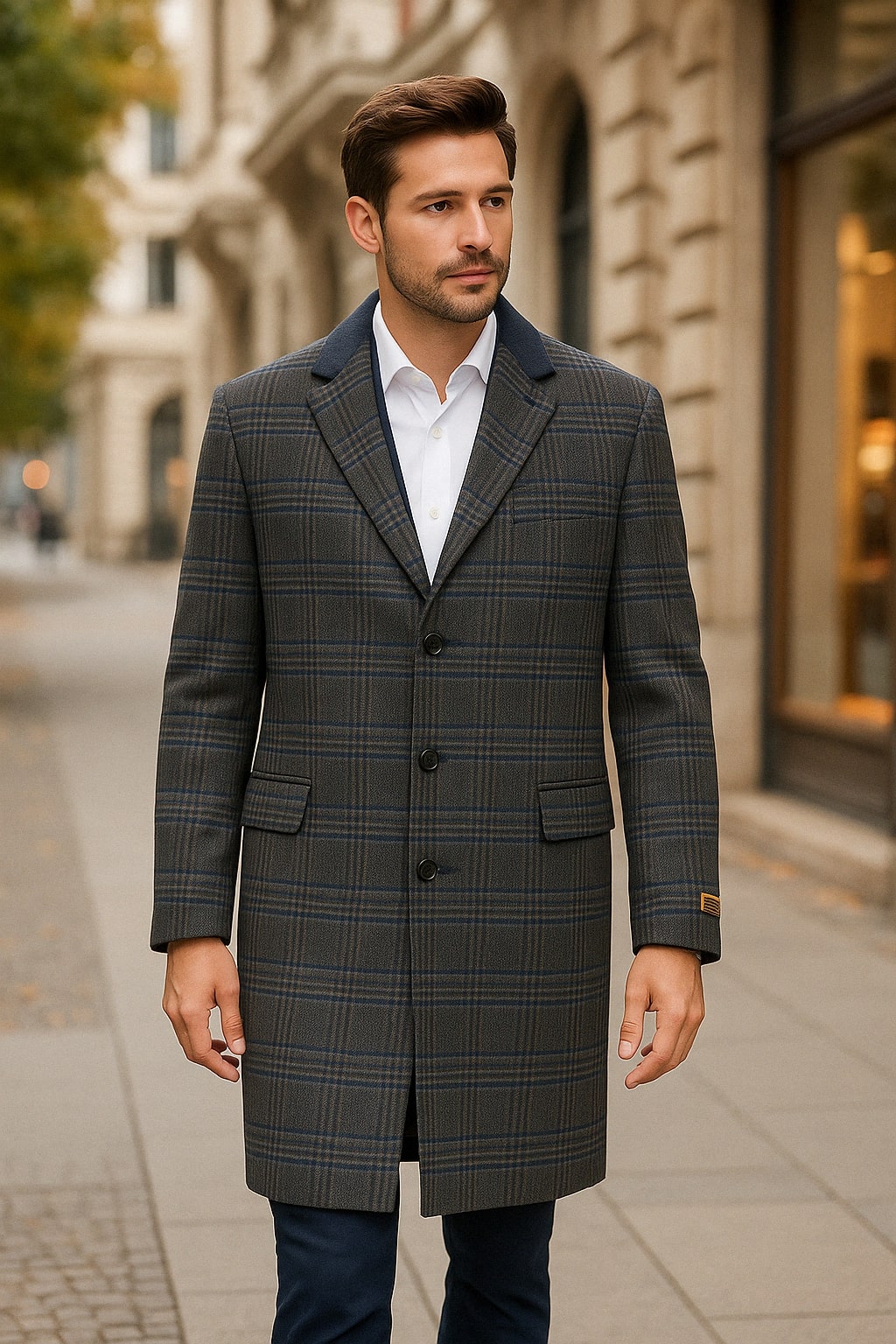 Men’s Blue and Grey Glen Plaid Wool Overcoat – Classic Long Winter Coat - Chesterfield Blue Collar
