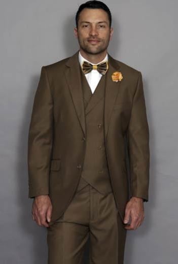 Mens Statement Suit Confidence Men's Italian Double Breasted Vest Bronze ~ Camel 3 Piece Suit With Pleated Pant