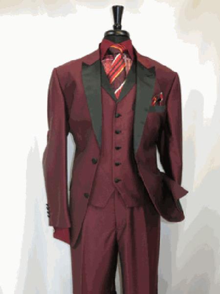 Men's Suit 2 Button Peak Sateen Lapel Two Toned Tuxedo Wine SharkSkin