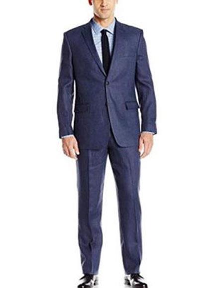Men's 2 Buttons Linen Fabric Summer Suit Jacket & Pants Blue - Mens Linen Suit