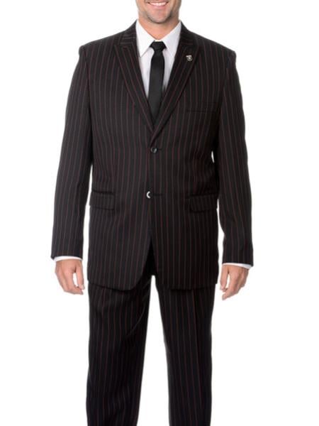 Men's Two Black and Red Stripe 2 buttons Bold Chalk Pinstripe ~ Stripe Peak Lapel Cheap Priced Business Suits Clearance Sale Vested 3 piece pleated pants