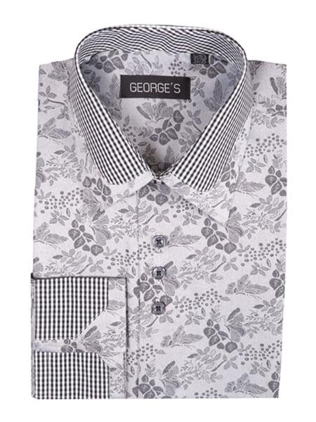 Men's Floral Pattern Black Classic Fit Cotton Blend Standard Cuff Shirt