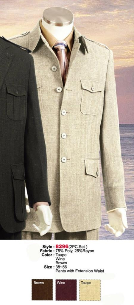 Style comes in Taupe or Brown or Wine Military Safari Style Leisure Casual Cheap Priced Business Suits Clearance Sale For Sale