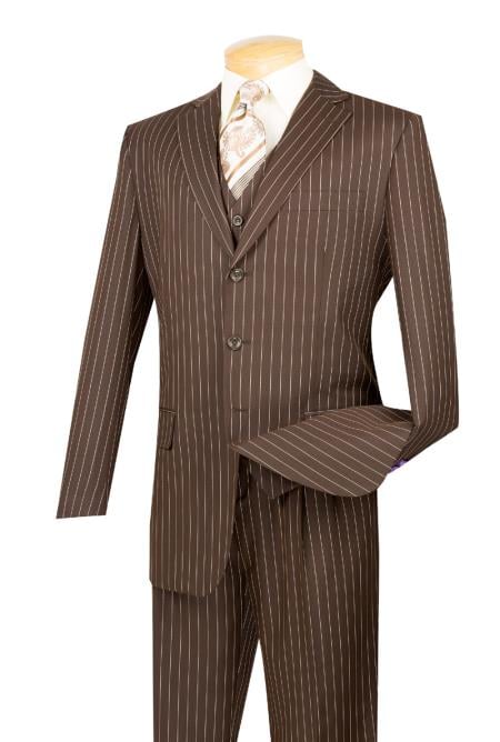 Men's Brown Stripe ~ Pinstripe Vested 3 Piece three piece suit - Jacket + Pants + Vest