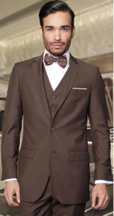 Mens Three Piece Suit - Vested Suit Mens Brown Skinny Lapel Slim Fitted Cut Suit