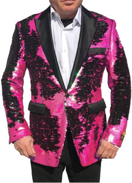 Alberto Nardoni Brand Fashion Men's Fuchsia Pink & Black Lapel Blazer ~ Sport Coat Tuxedo Dinner Jacket Sequin ~ Shiny Paisley