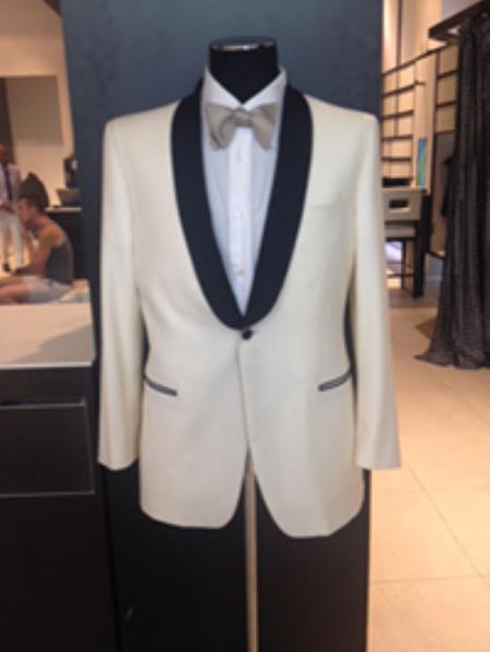 Alberto Nardoni Brand Men's Dress Formal Ivory ~ Cream ~ Off White Dinner Jacket ~ Fashion Tuxedo For Men ~ Blazer ~ Sport Coat Black Lapel