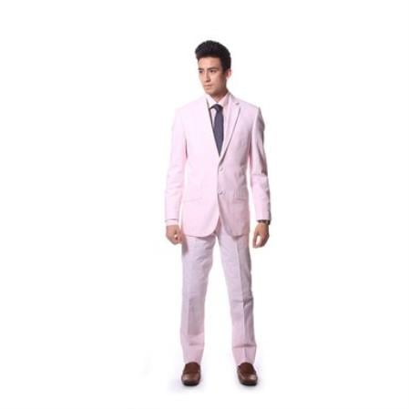 Slim Fit Suit Men's Seersucker Sear sucker Pink Suit Cotton Suit (Blazer and Pants)