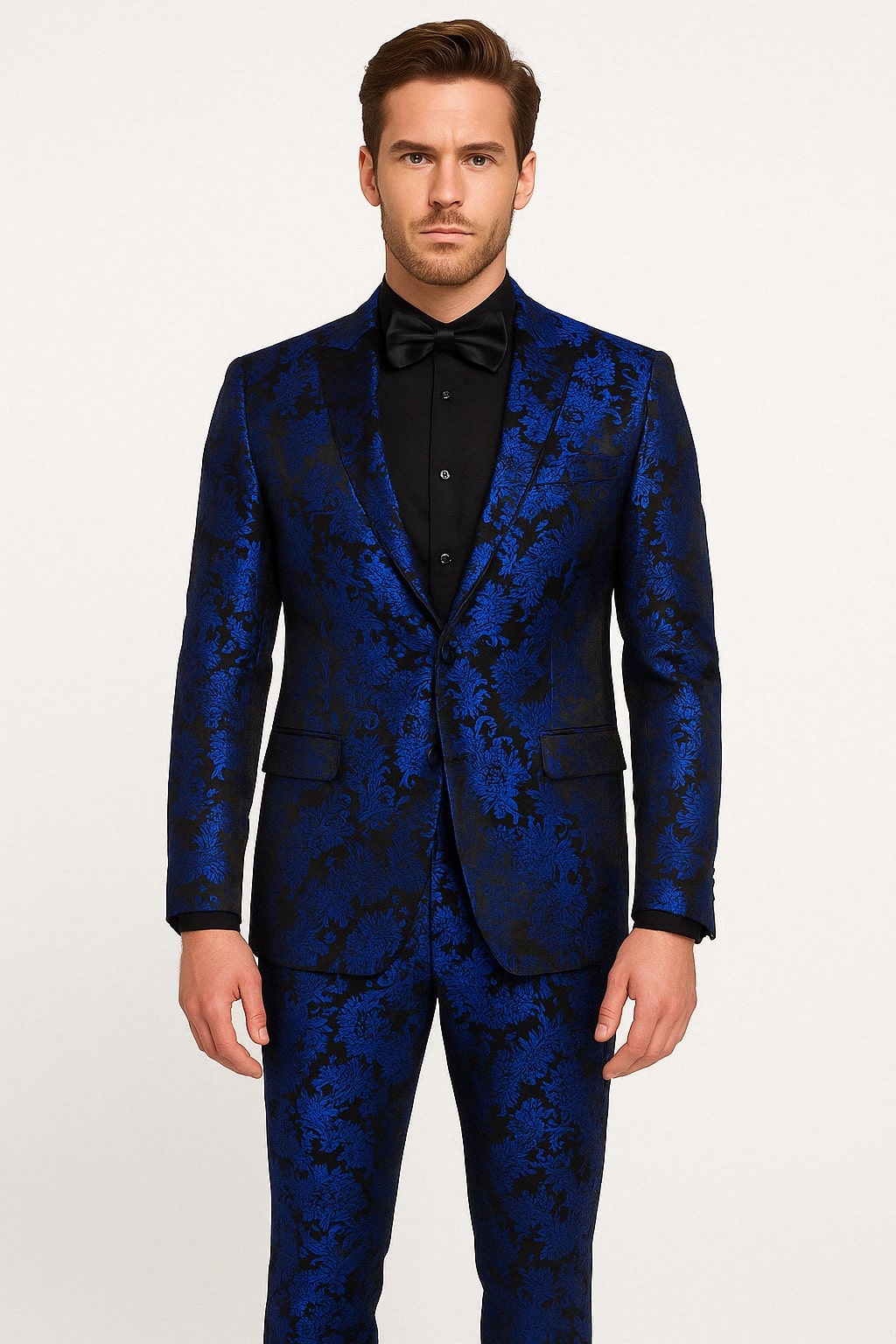 Mens Royal Blue Metallic Floral Suit – Black Background Two Piece Tuxedo Set