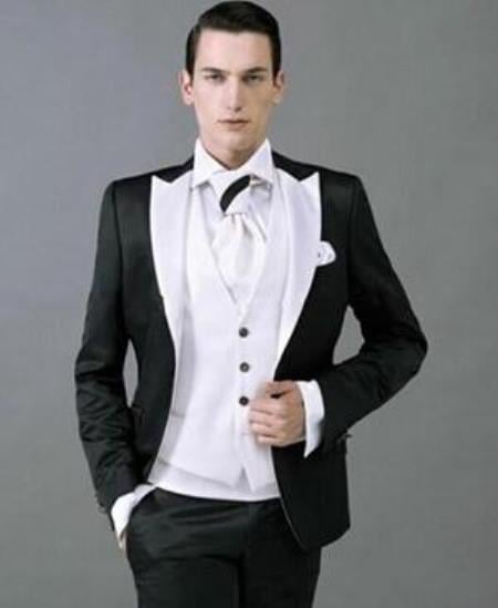 Men's Black and White Lapel Peak Lapel Vested 3 Piece 1 Button Tuxedo With White Lapel Suit with white vest or black vest