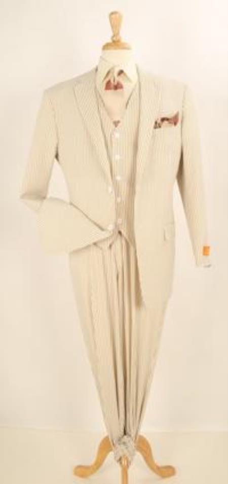 Mens Three Piece Suit - Vested Suit Mens 3 Piece Vested Seersucker Sear sucker suit - Flat Front Pants Tan ~ Beige ~ Sand