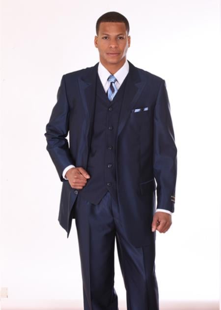 Men's 3 Piece 3 Button Fashion Suit with 2 Tone Lapels Dark Navy - Three Piece Suit