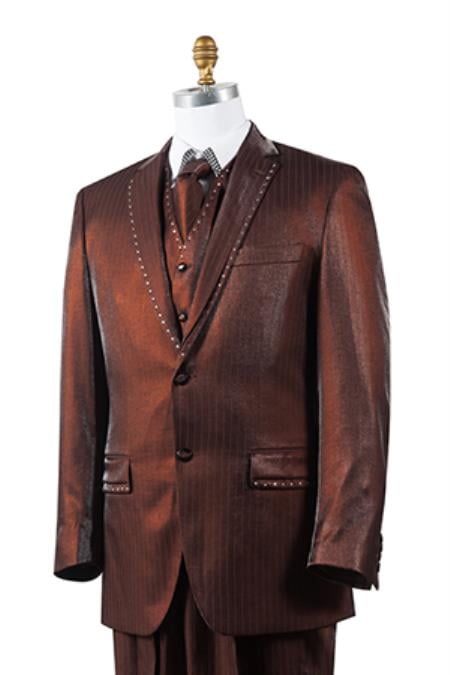 Men's Suits Unique Brown 2 Button Trimmed Pleated Pants Vested 3 Piece Fashion Tuxedo For Men