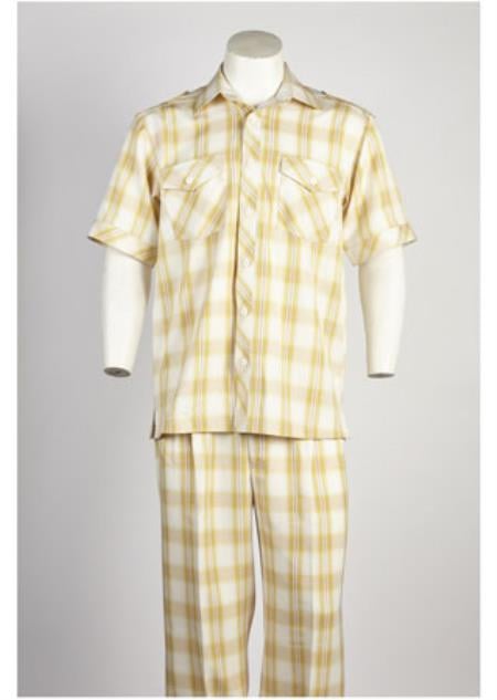 Men's Short Sleeve 2 piece Casual Two Piece Walking Outfit For Sale Pant Sets Suit Yellow