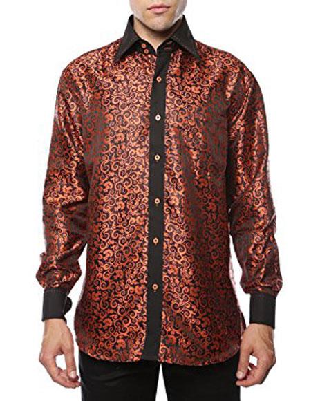 Orange Black Shiny Satin Floral Spread Collar Dress Shirt