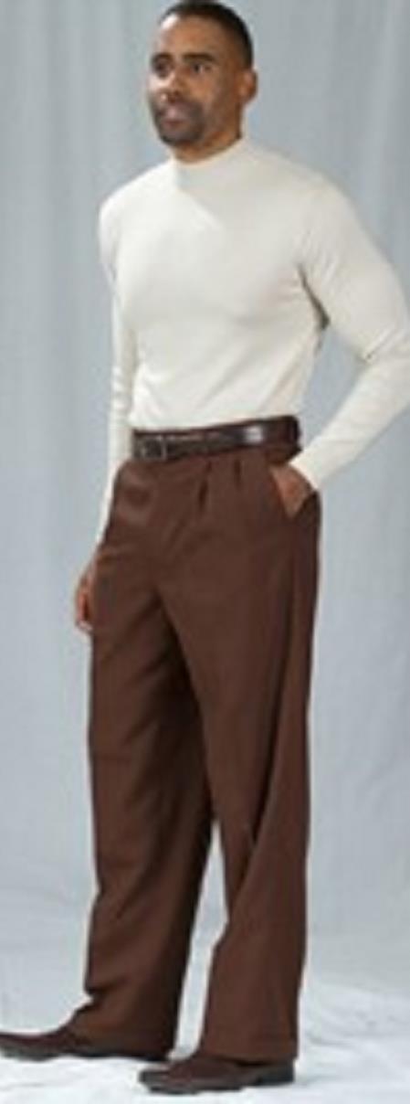 Pacelli Brown Pleated Baggy Fit Dress Pants unhemmed unfinished bottom Men's Wide Leg Trousers - Cheap Priced Dress Slacks For Men On Sale