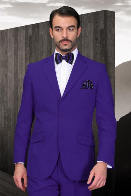 Men's Purple Suit + Vest 2 Button Flat Front Pants 3 Piece Vested