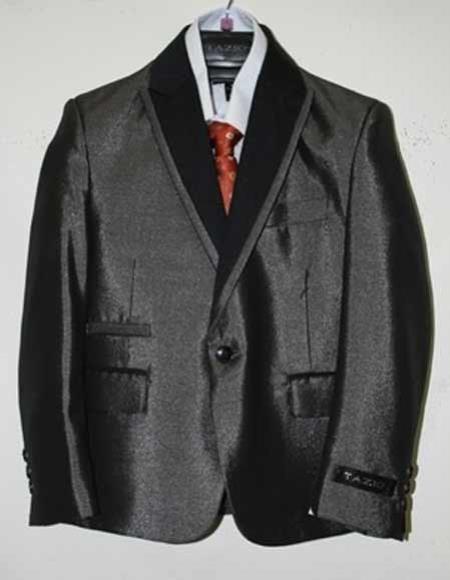 Boy's 5 Piece Satin Peak Leapel Black Vested Poly Rayon Suit With Shirt, Tie & Hanky