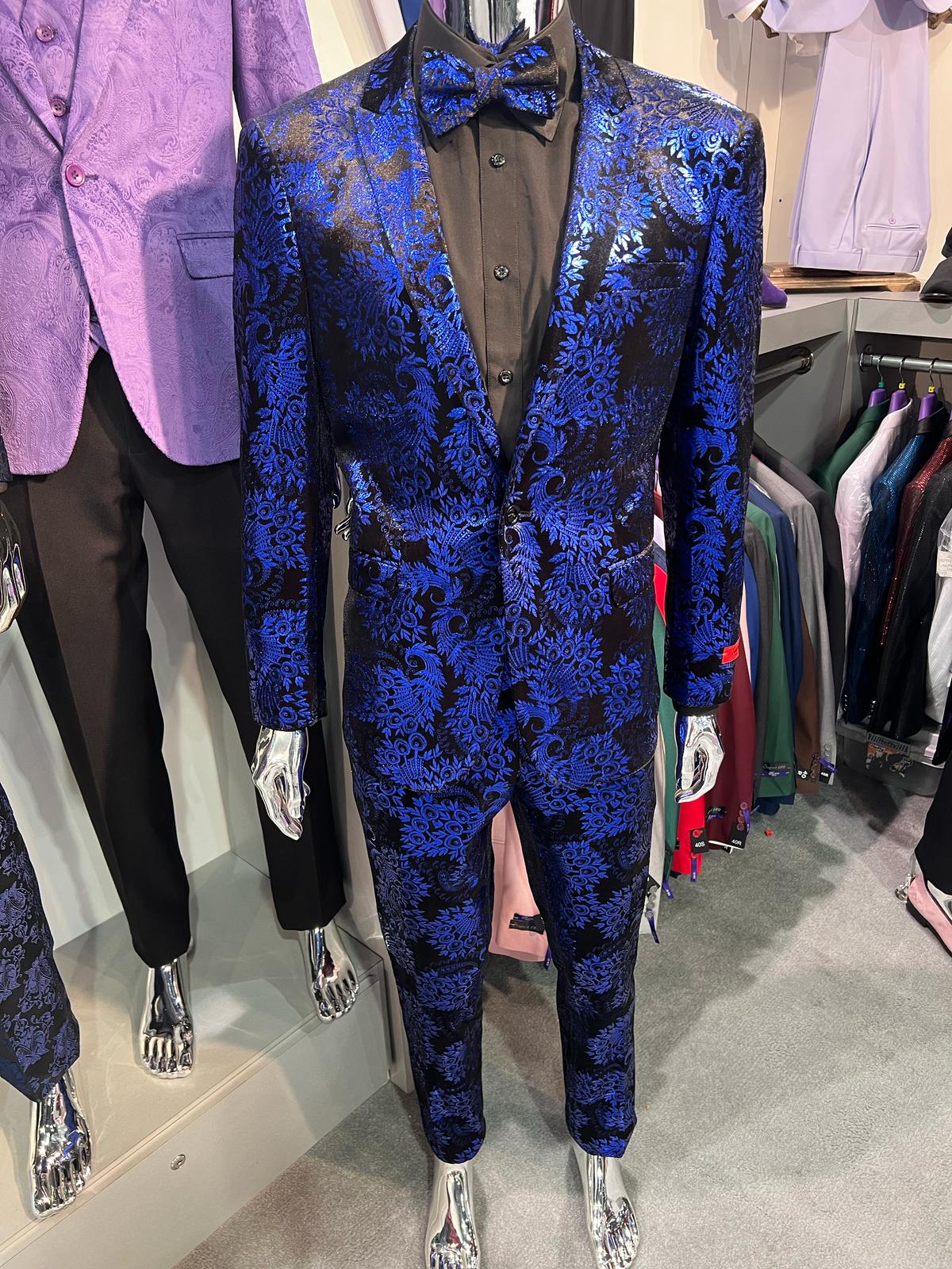 Mens Royal Blue Metallic Floral Suit – Black Background Two Piece Tuxedo Set