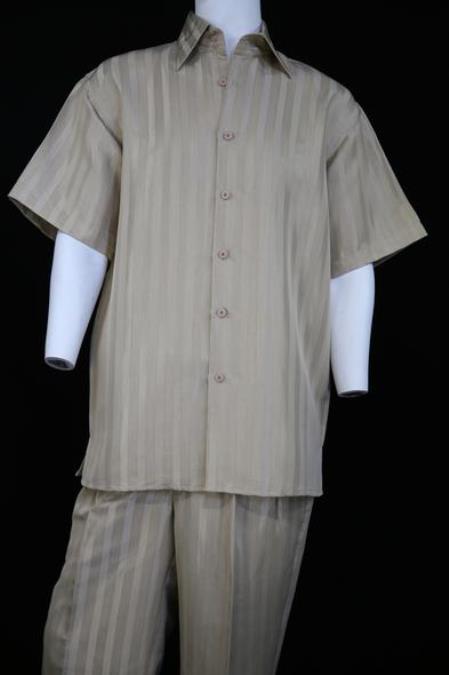 Men's Reflective Stripes Pocketless Short Sleeve Casual Two Piece Walking Outfit For Sale Pant Sets Suit Cream
