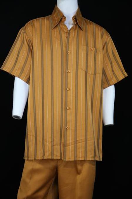 Men's Suture Stripes Short Sleeve Left Side Pocket Casual Two Piece Walking Outfit For Sale Pant Sets Suit Apricot