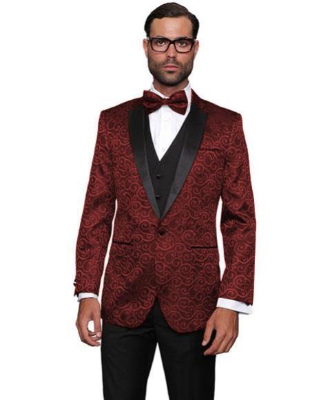 Men's Floral Suit Unique Paisley Suit Dress Tuxedo Wedding Vest & Pants Shiny Flashy Silky Satin Stage Fancy Stage Party Maroon Suit ~ Burgundy ~ Wine ~ Maroon Suit Two Toned Tuxedo Burgundy Suit