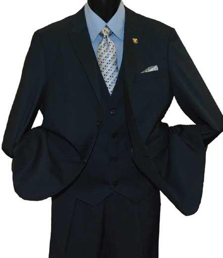 Mens Peak Lapel 2 Button Black Vested Suit