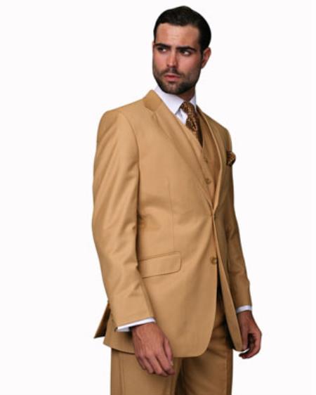 Men's Camel 2 Button 100% Vested 3 Piece Fine Brands Best Italian Style Cut Suits Pleated Pants