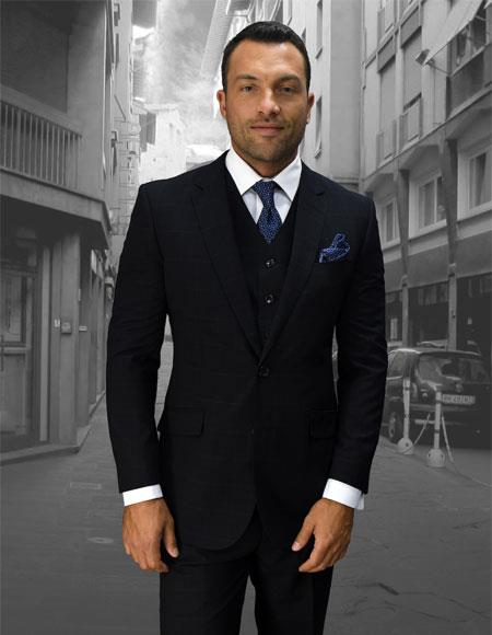 Men's Statement Suits Clothing Confidence Plaid Dark Navy 2 Button Double Breasted Vest Fine Brands Best Italian Style Cut Suits