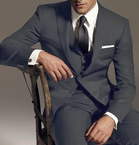 Reg:795 on sale $249 2 Btn Vested 3PC Suit Peak Pointed English Style Lapel Dark Grey - Three Piece Suit