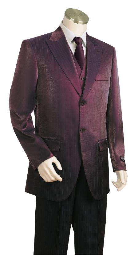 Men's Fashionable Wine Shiny Flashy Sharkskin Peak Lapel Vested 3 Piece - Three Piece Suit Burgundy Suit