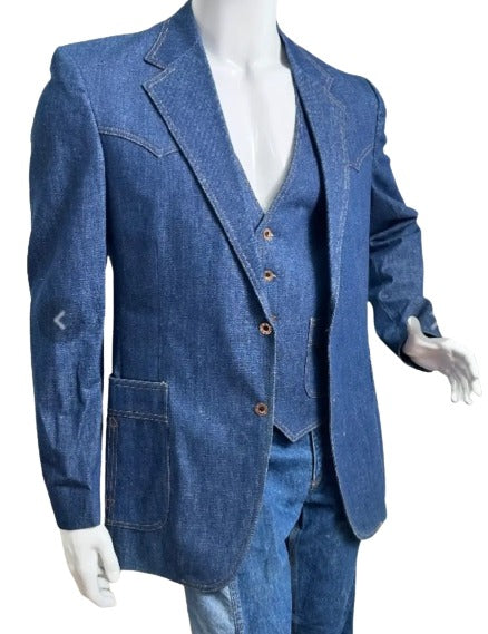 Men's Denim Blue Vested Suit 2 Buttons Pleated Pants